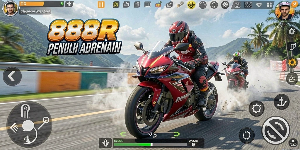 Tampilan gameplay seru dari balapan motor 888R yang realistis.