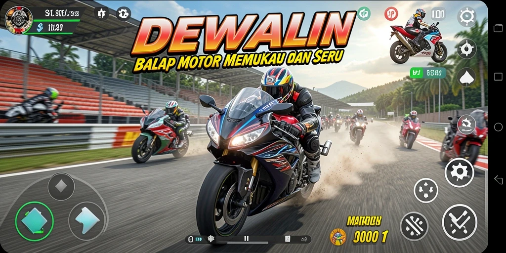 Tampilan gameplay DEWALIN dengan balapan motor yang mendebarkan.