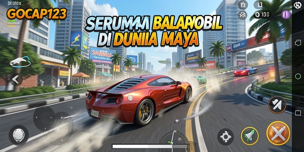 Tampilan seru gameplay GOCAP123 dengan mobil balap di lintasan.