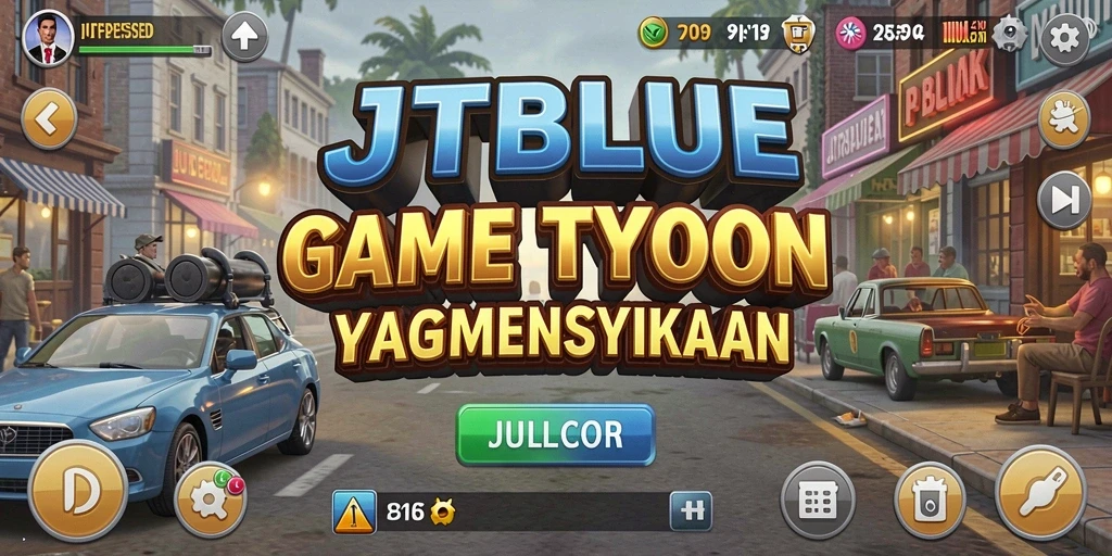 Tampilan gameplay yang menarik dalam JTBLUE dengan manajemen bisnis.
