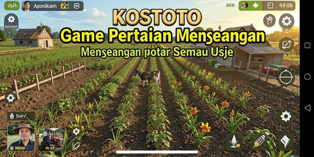 Gameplay KOSTOTO menampilkan ladang pertanian yang luas dan penuh warna.
