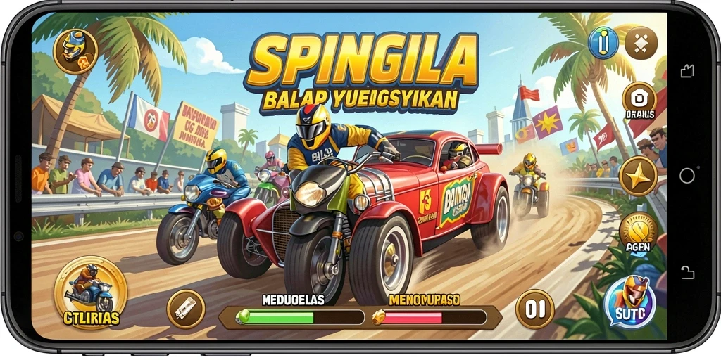 Tampilan gameplay mendebarkan dalam SPINGILA dengan aksi balap cepat.
