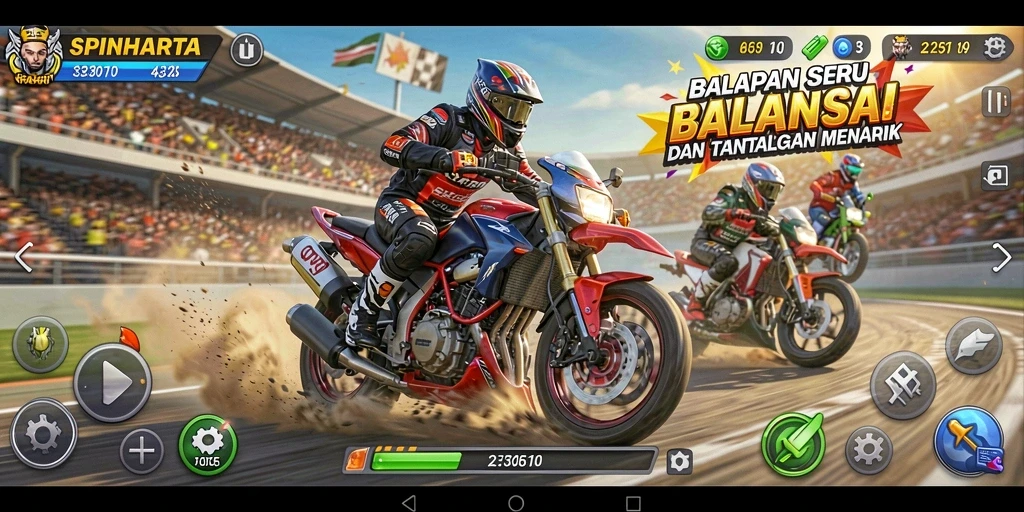 Tampilan gameplay SPINHARTA saat balapan dengan grafis memukau.