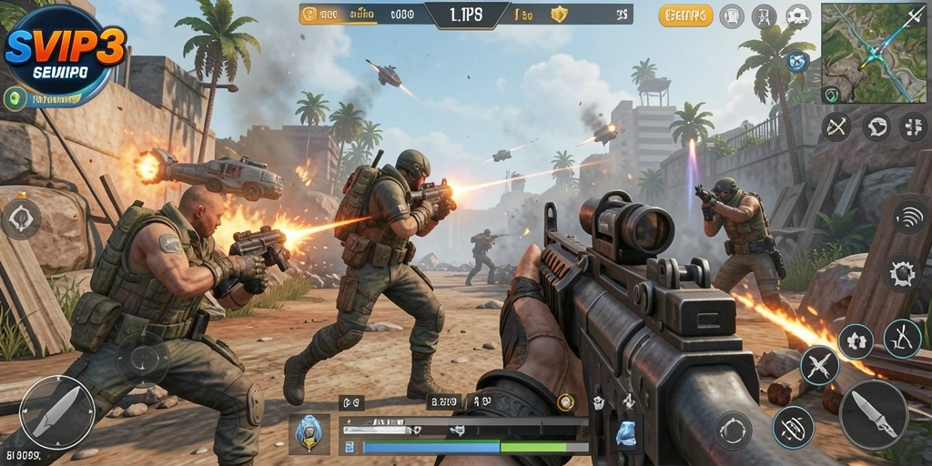 Screenshot gameplay SVIP3 menampilkan aksi seru di TPS.