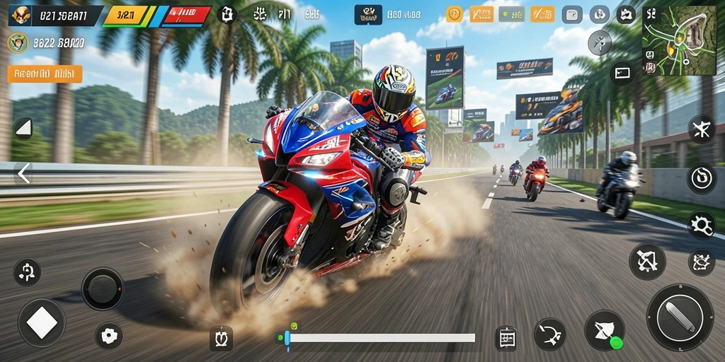 Screenshot gameplay V21 yang menegangkan saat balapan motor.